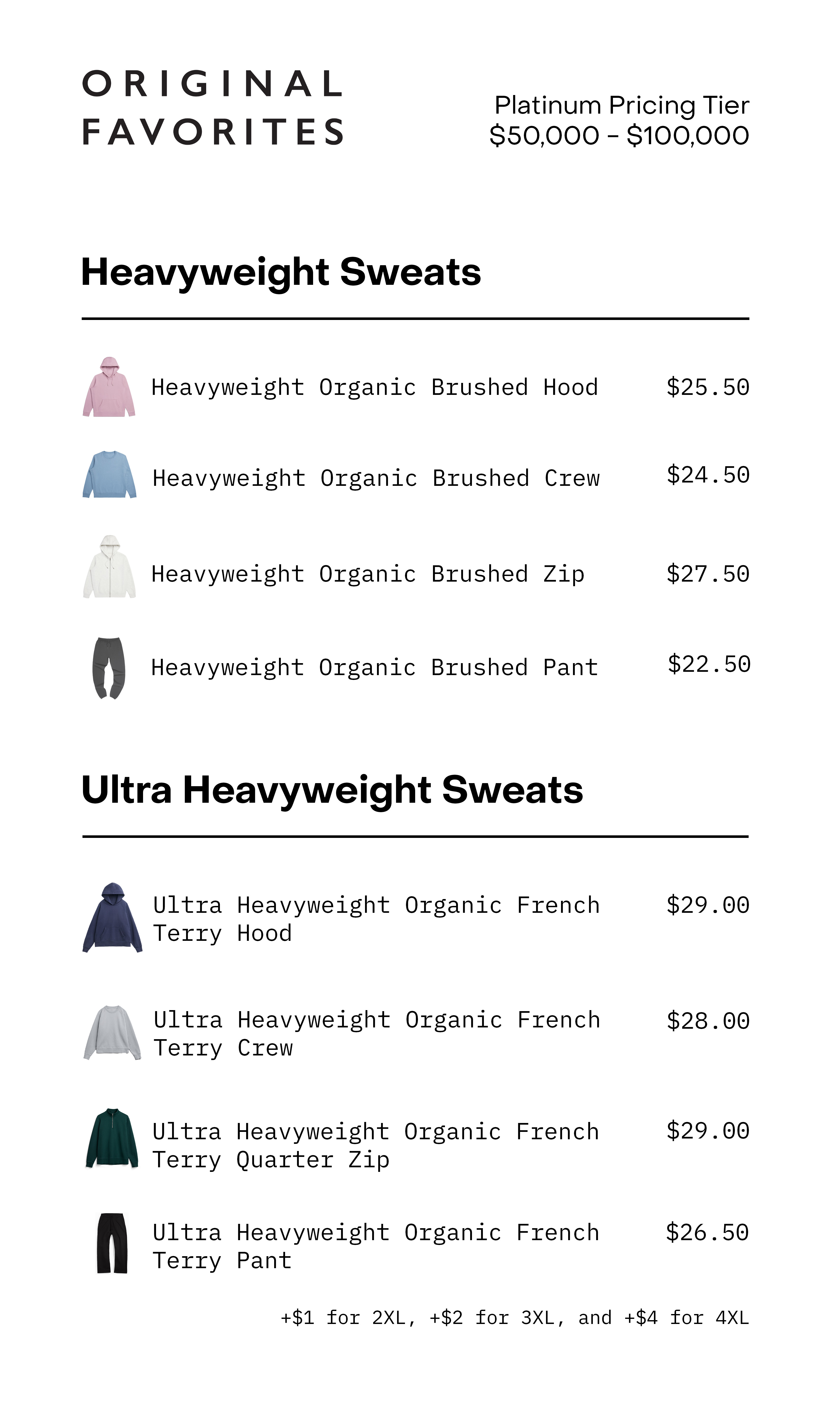 Pricing table for heavyweight and ultra heavyweight sweat apparel.