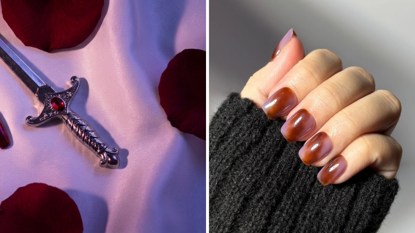 EyeCandys blood red chrome press-on nails styled for Tiffany Valentine Bride of Chucky cosplay