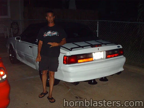 Low-angle view of Shocker XL train horn install on Ford Mustang HornBlasters gallery photo 14