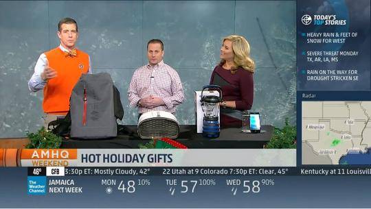A still from The Weather Channel show, showing three hosts discussing top holiday gifts
