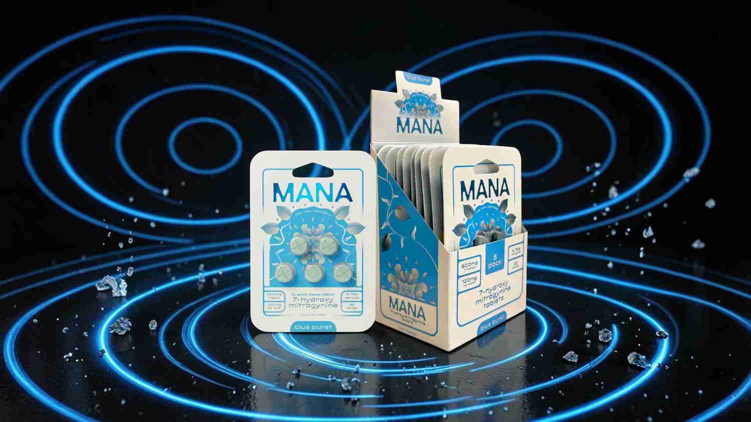 Two packages of Mana products against a blue circular background.