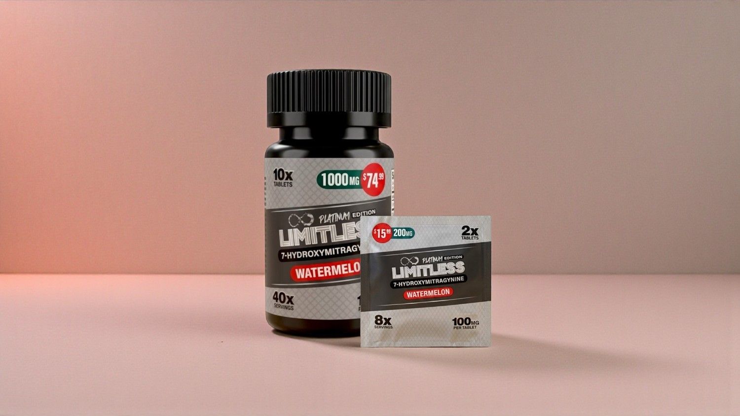 Bottle of dietary supplement with a blister pack on a pink background.