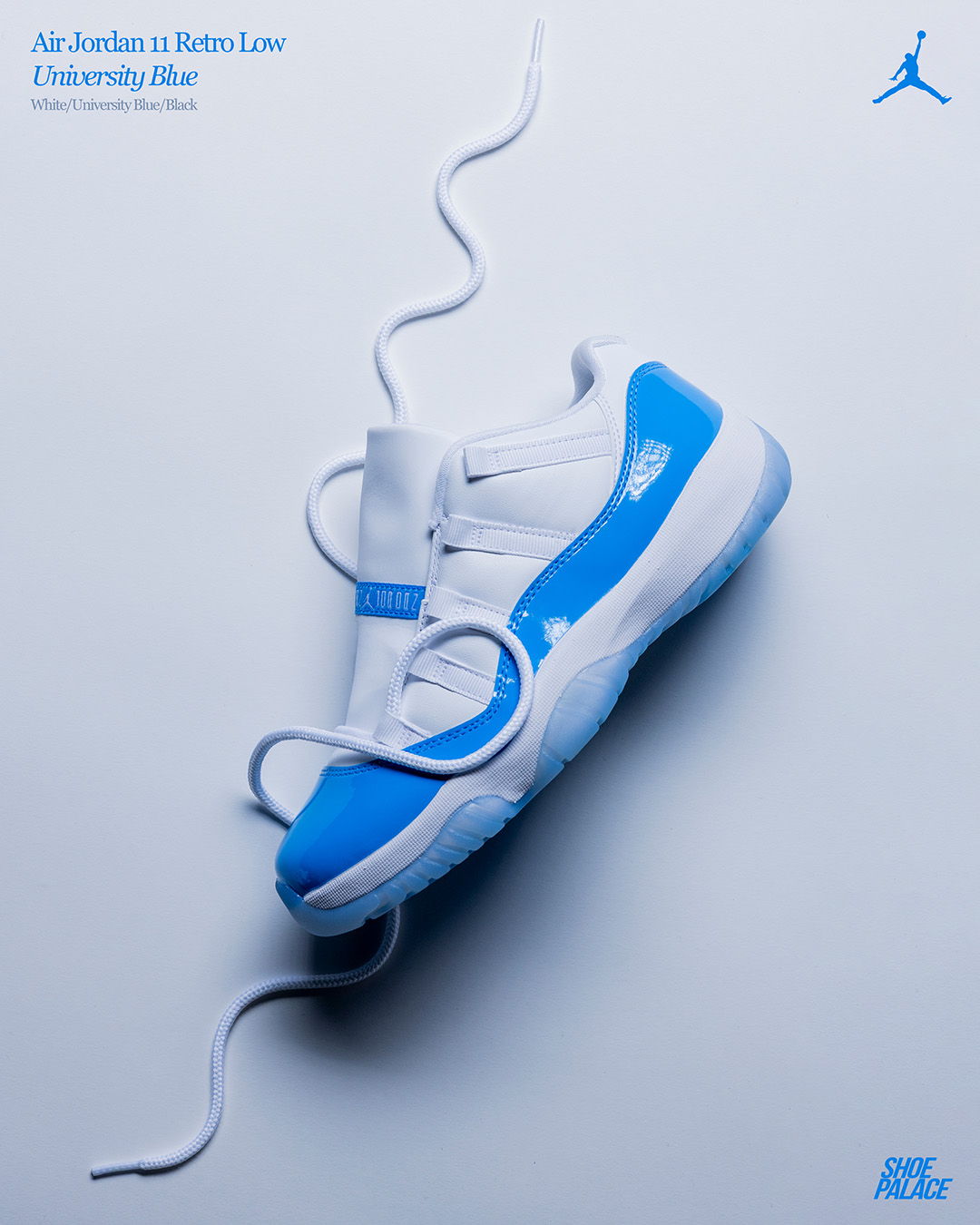 Air Jordan 11 Retro Low in Championship Blue with white laces on a white background.