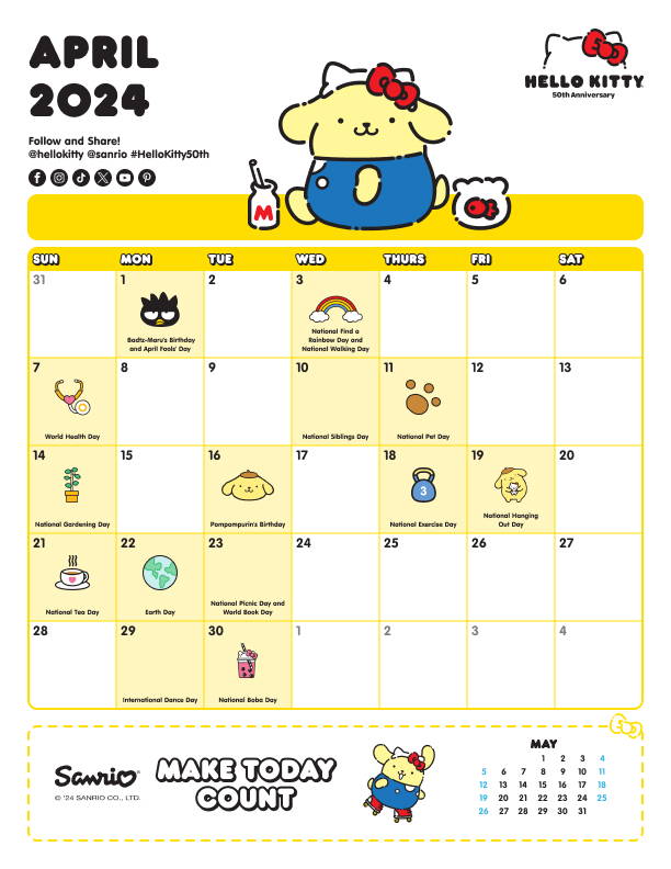 Sanrio Friend of the Month April 2024 Calendar featuring Pompompurin. 