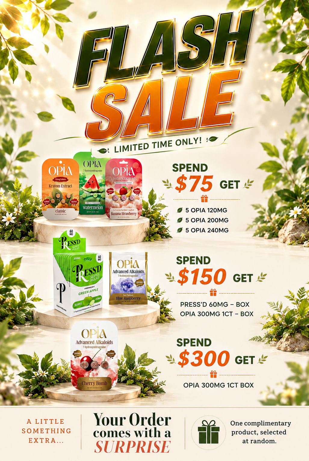 Flash sale promotion with spending tiers and product images.