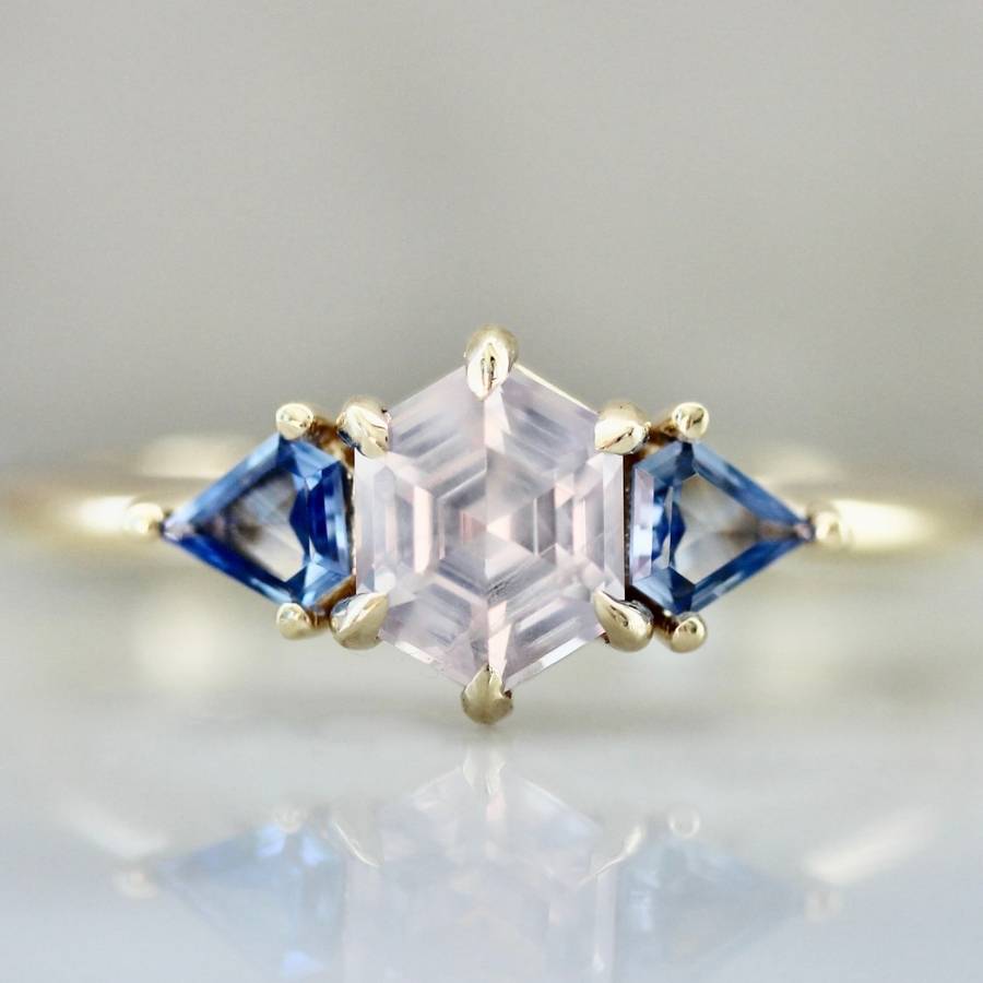 LavenderSorbetHexagonCut sapphire 3 stone engagement ring