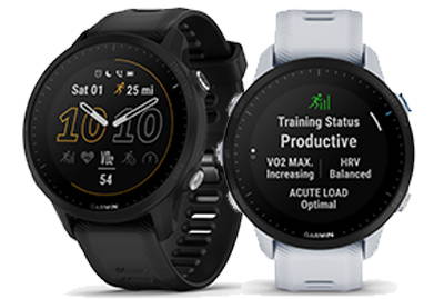A black and a white Garmin Forerunner 955 advanced running/triathlon watch