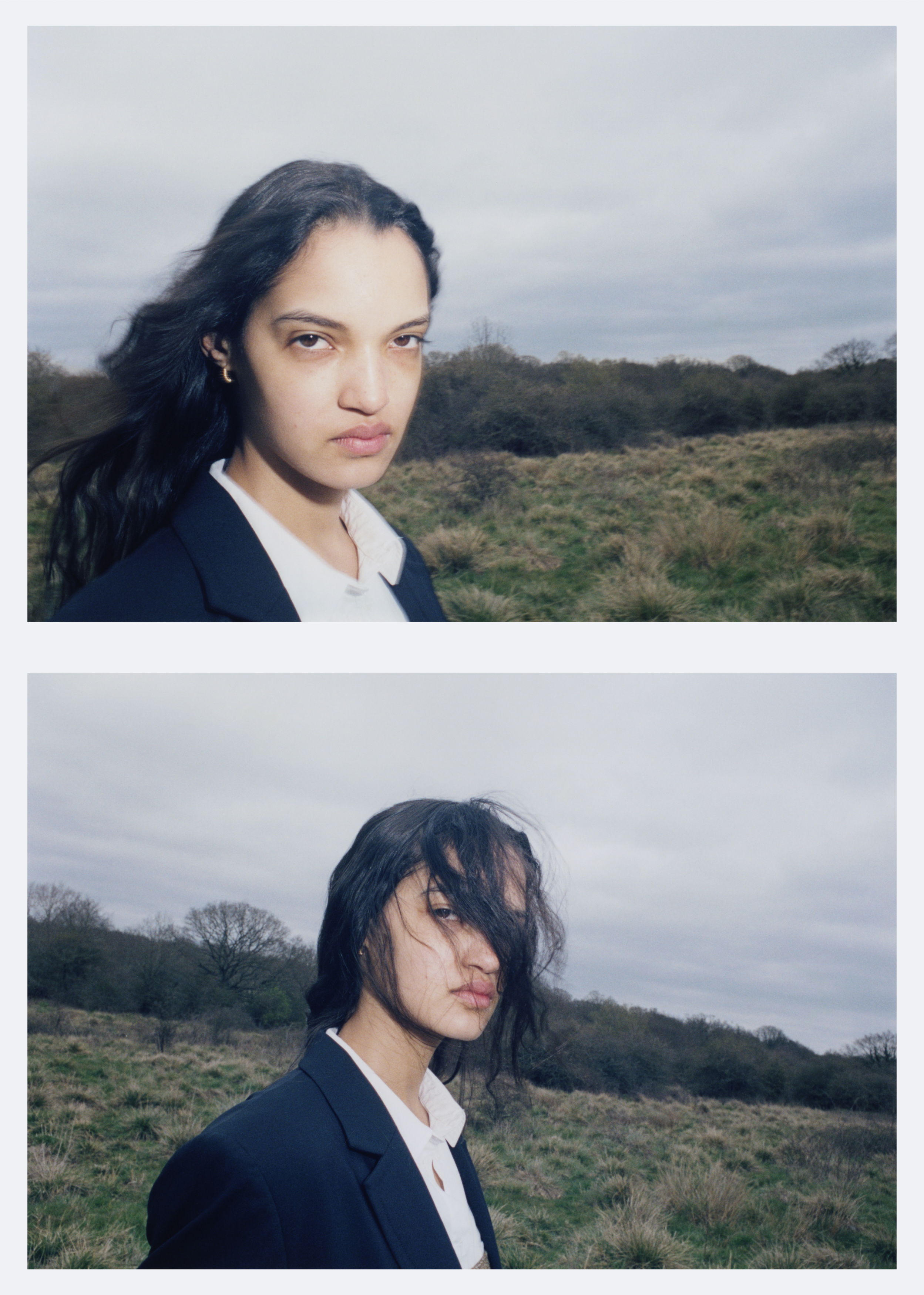 Young woman with flowing hair, outdoors in a cloudy setting, two portraits.