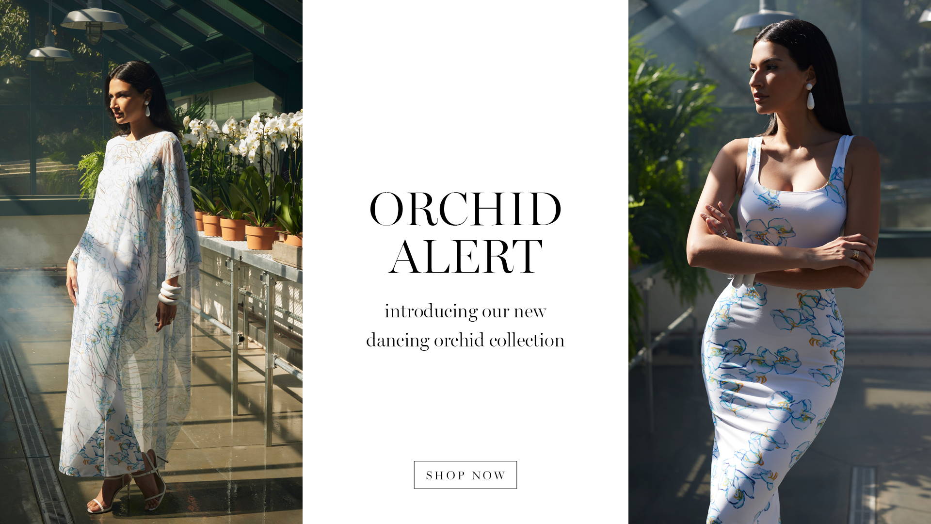 ORCHID ALERT | introducing our new dancing orchid collection | Woman wearing mesh dress topper in a blue and white floral printed over a long stretch knit dres in a greenhouse by Ala von Auersperg for spring 2024