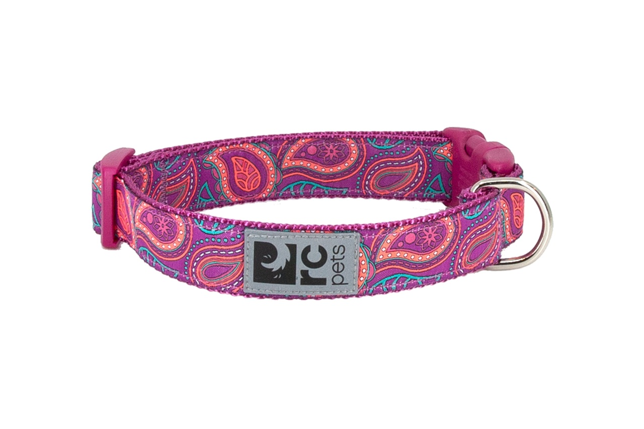 Colorful patterned dog collar in pink and purple tones.