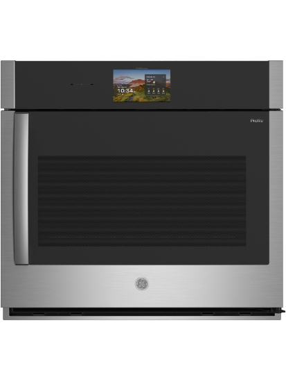 A modern stainless steel wall oven with a digital display.