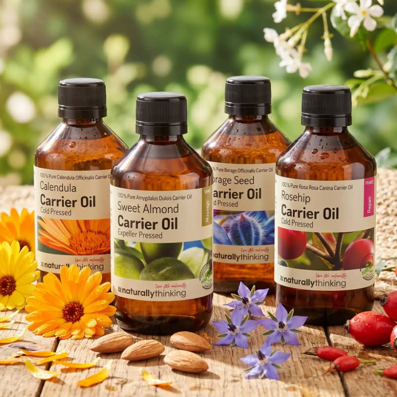 Four bottles of carrier oil surrounded by flowers and nuts on a wooden table.