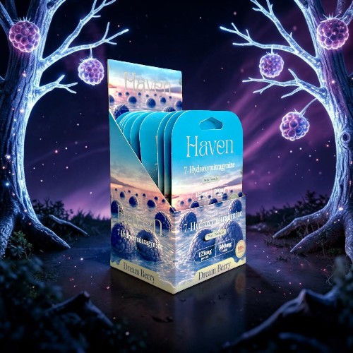 Haven product packaging displayed in a mystical, colorful environment with trees.