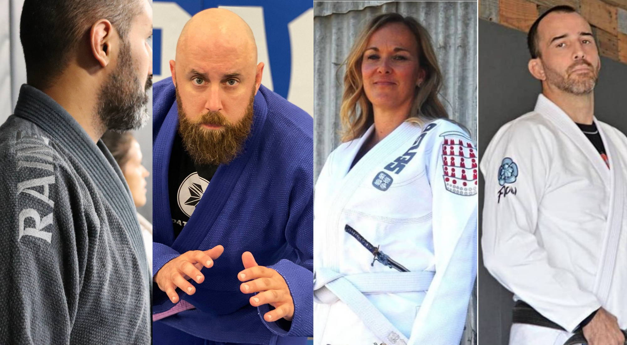 Left to right, four different BJJ grapplers standing in various hemp gis.
