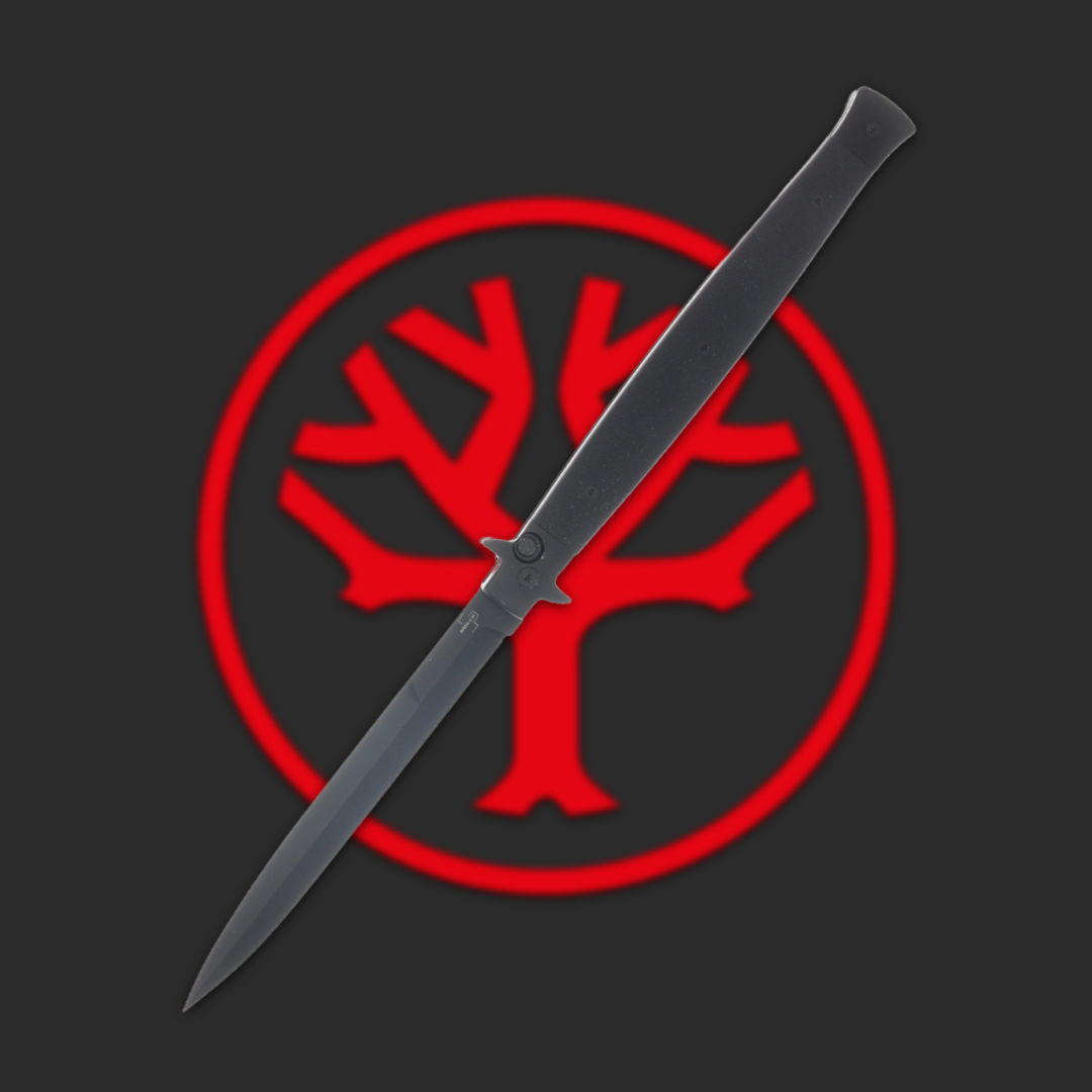 Black knife overlaying a red tree symbol on a dark background.