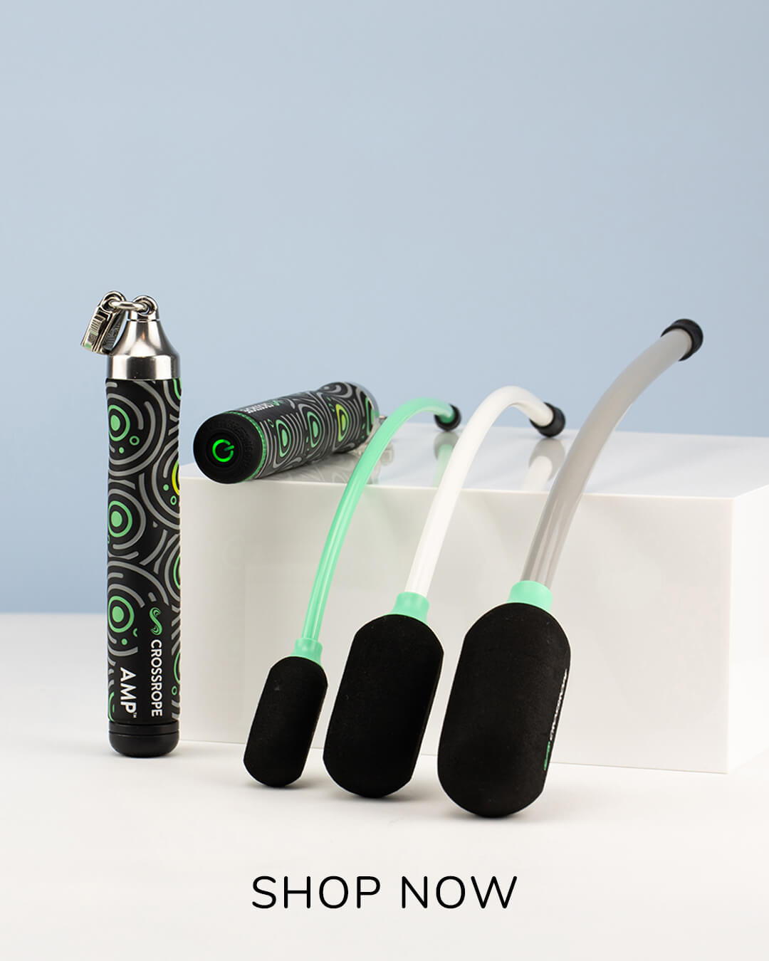 Ropeless AMP jump rope set on a blue background