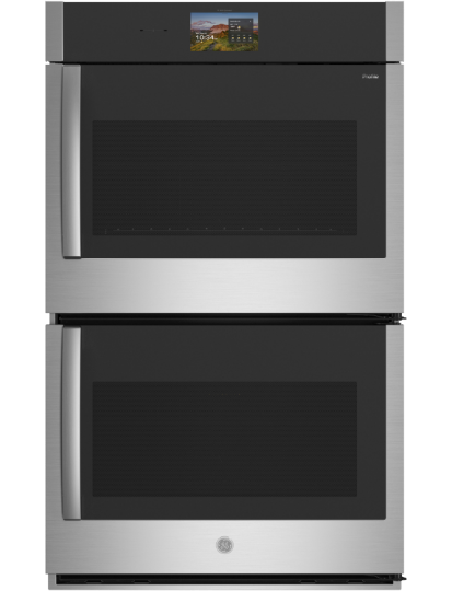 A stainless steel double oven with digital display and black glass doors.