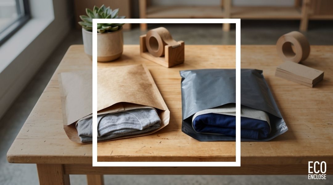 Two wrapped packages on a wooden table with a plant and tape.