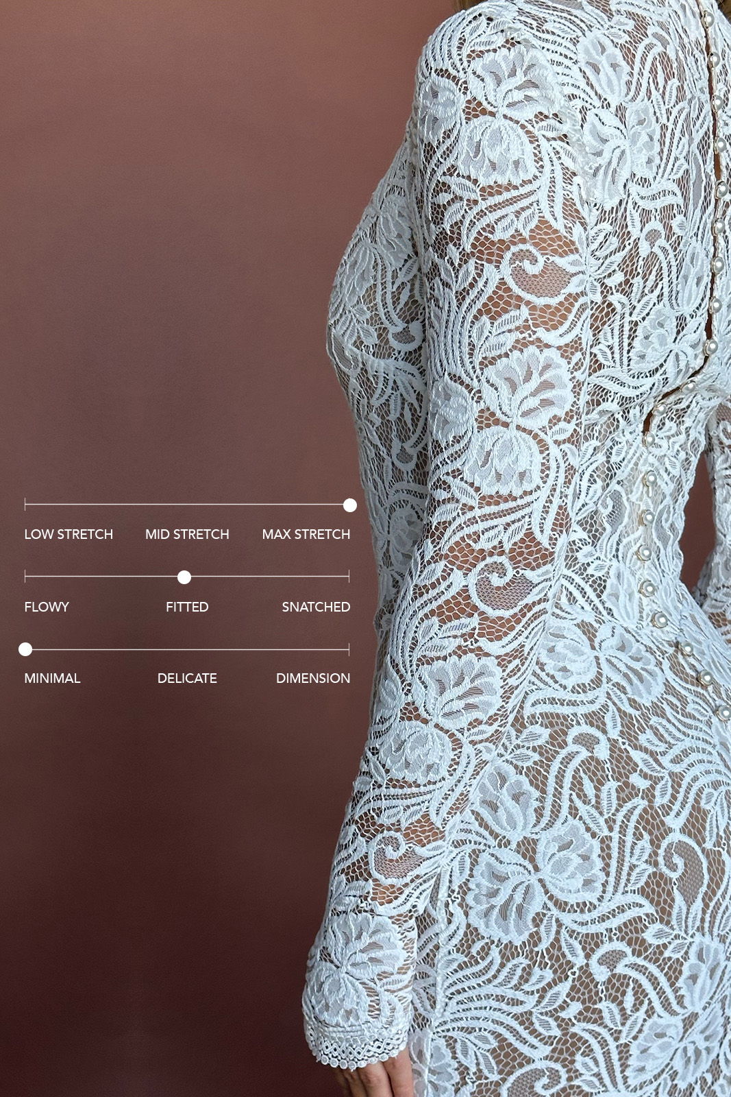 Close-up of a lace dress with stretch options labeled.