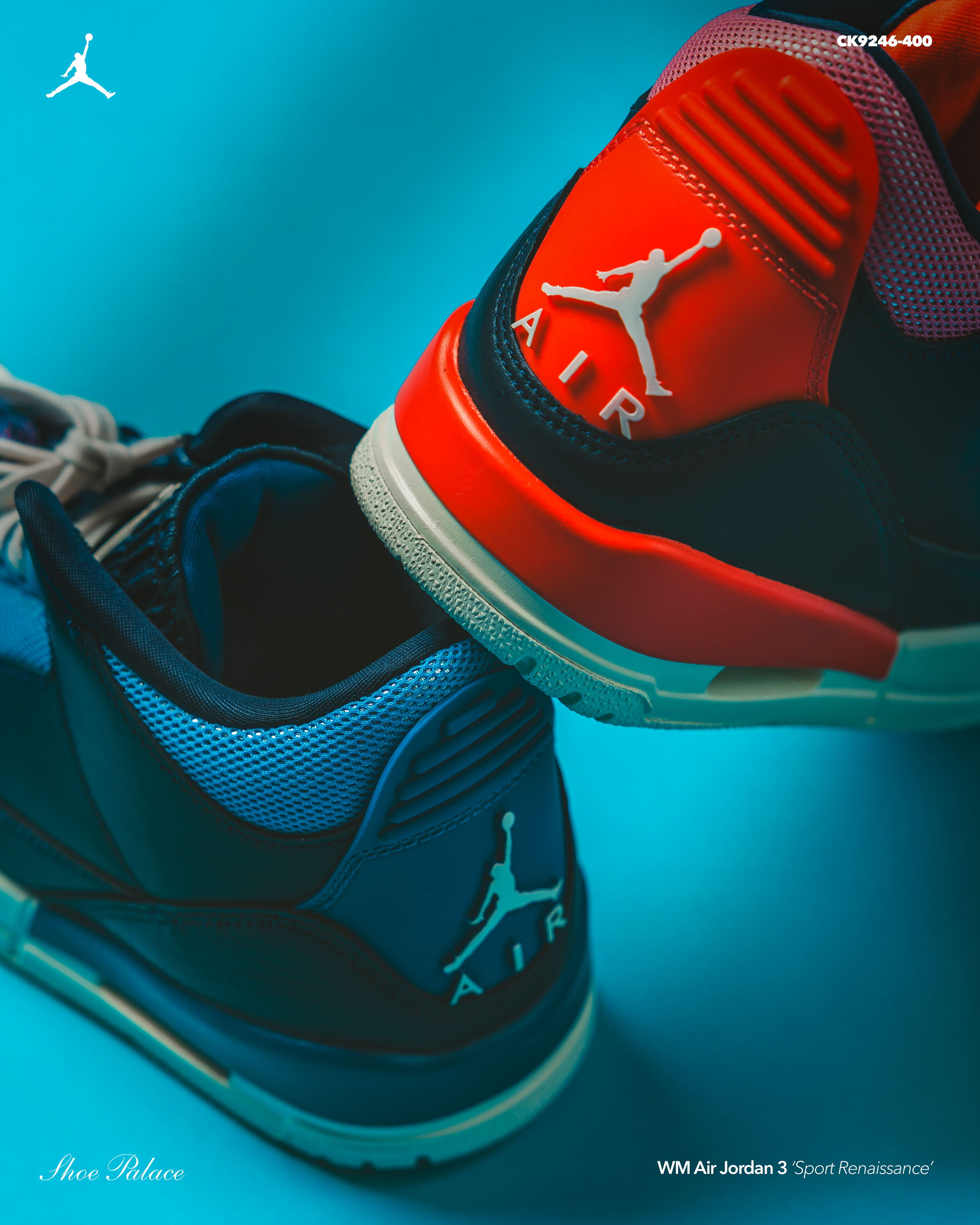 Two pairs of colorful Jordan sneakers on a blue background.