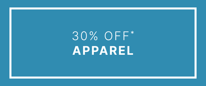 30% off apparel promotion in a rectangular blue box.