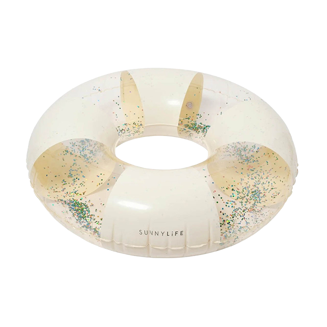 Inflatable pool float with colorful glitter accents.