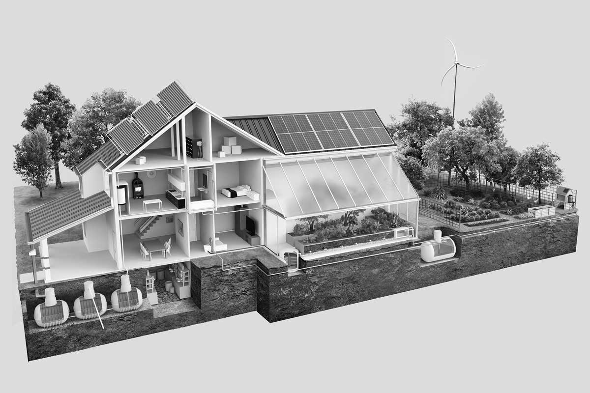 A rendering of a house with solar panels, rainwater catchment, attached greenhouse and gardens