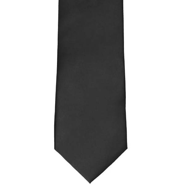 The front bottom view of a black solid tie