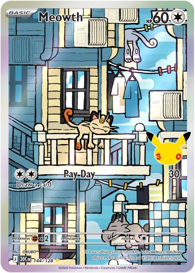 The Illustration Rare Meowth Card from the Pokémon TCG's 30th Celebration Set.