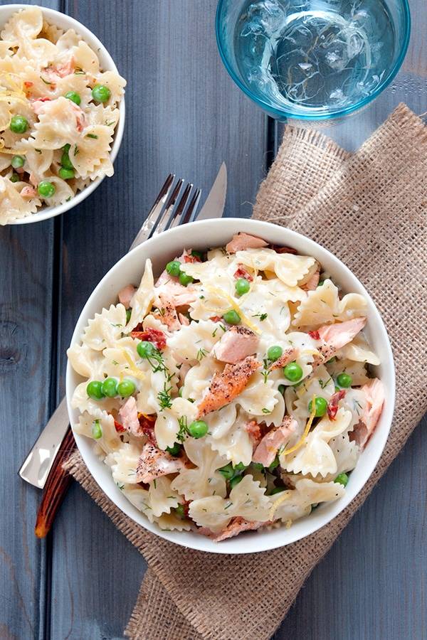 Farfalle pasta in a creamy dill sauce with salmon