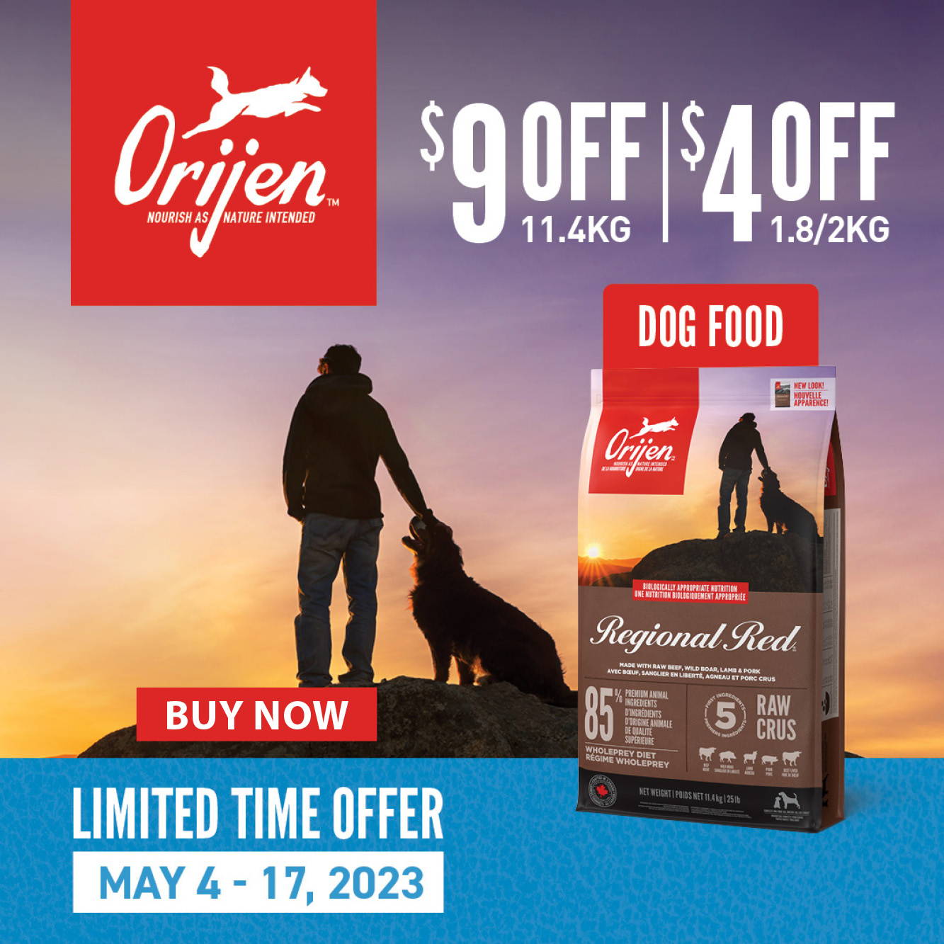 $9 off Orijen Dog Food 11.4kg and $4 off 2kg