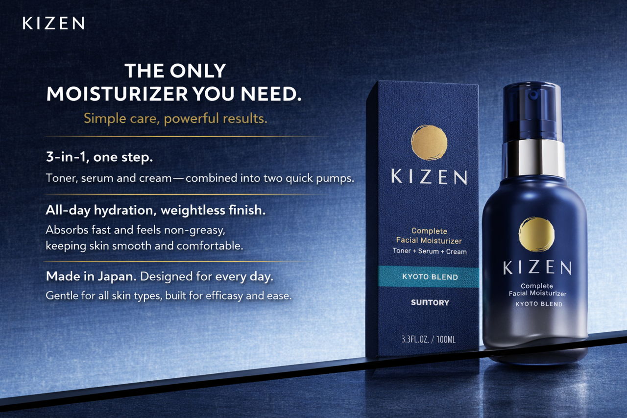 KIZEN moisturizer product with packaging and promotional text.
