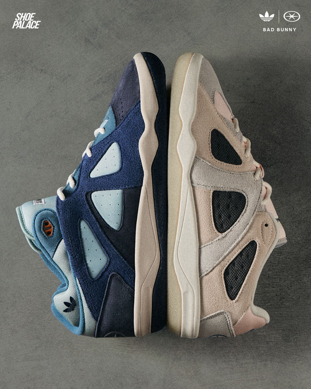 Two pairs of sneakers side by side, one blue and one beige.