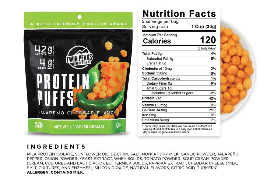 Jalapeno Cheddar Protein Puffs Bag and Nutrition Facts
