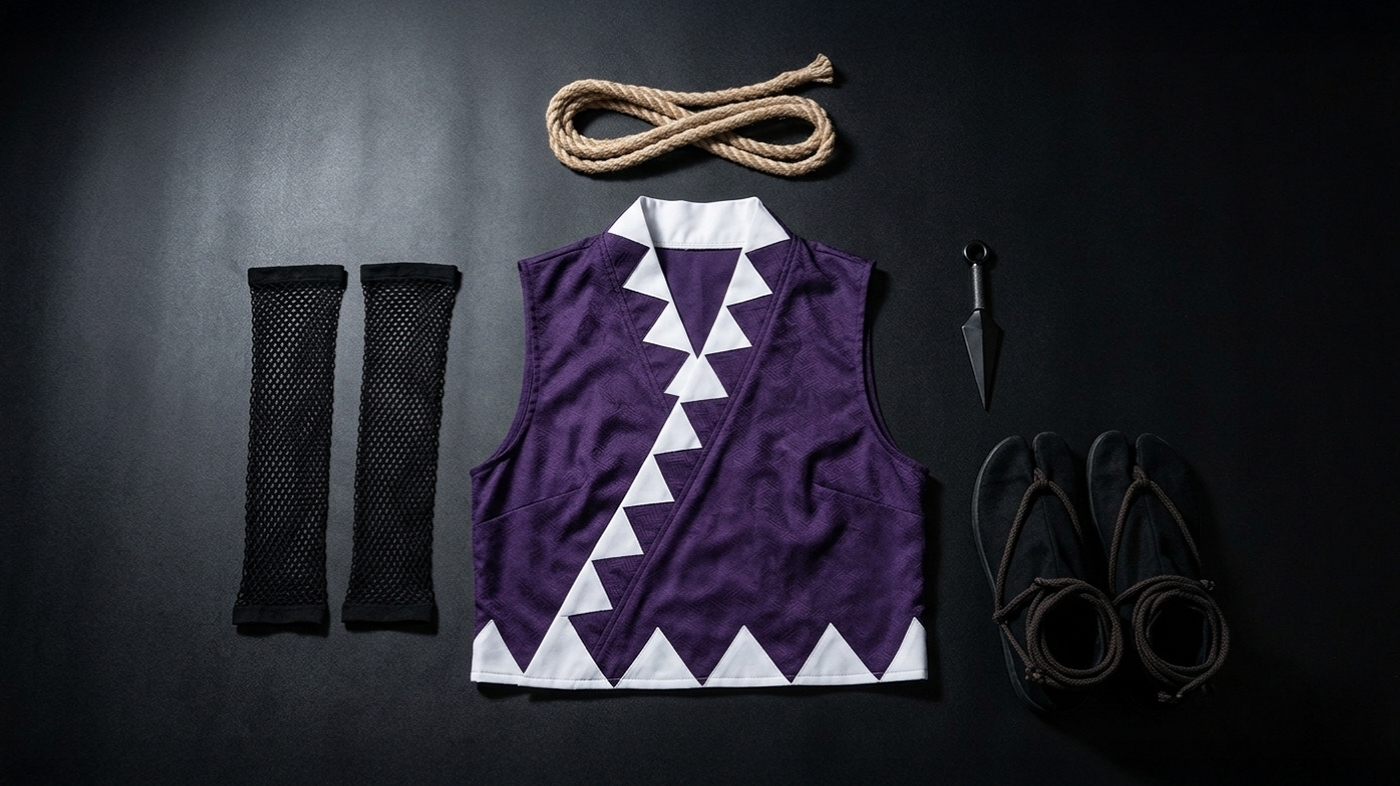 Suma Demon Slayer cosplay costume components flat lay — purple kimono, fishnet sleeves, rope belt, shinobi sandals