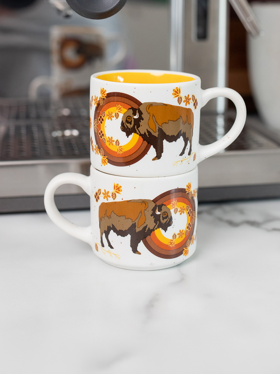 Buffaloes (MashkodeBiizhikina) Ceramic Espresso Mugs by Storm Angeconeb, Lac Seul First Nation, Ojibwe