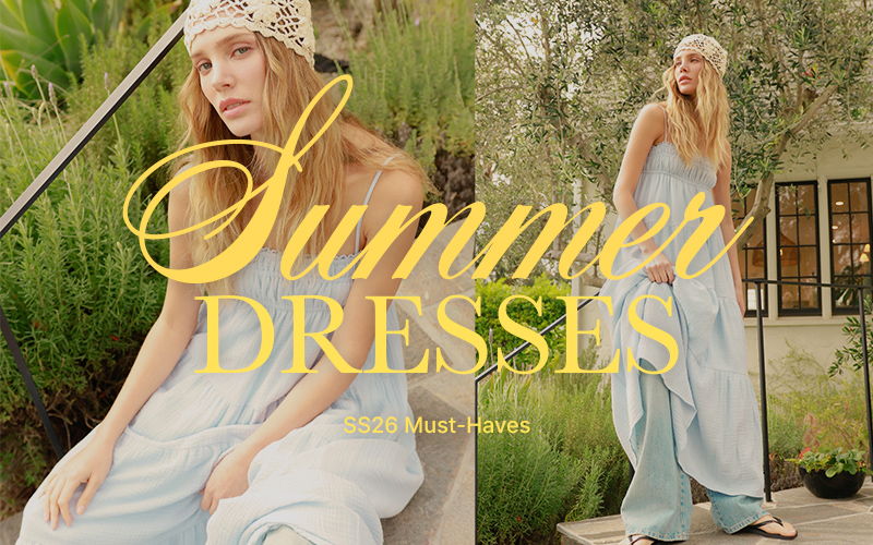 Model in summer dresses against a natural background.