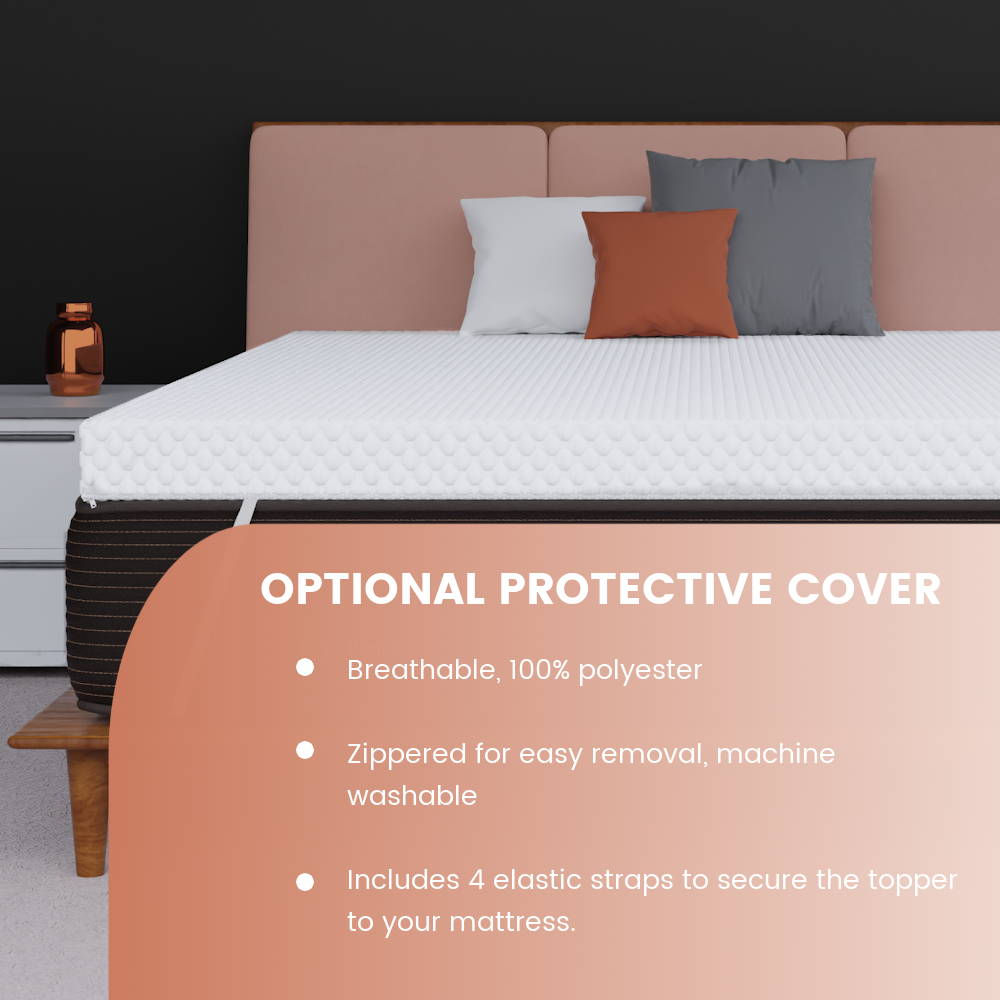 Optional protective cover for the copper-infused topper available: Breathable, 100% polyester, zippered for easy removal and machine washable, includes 4 elastic straps to secure the topper to your mattress.