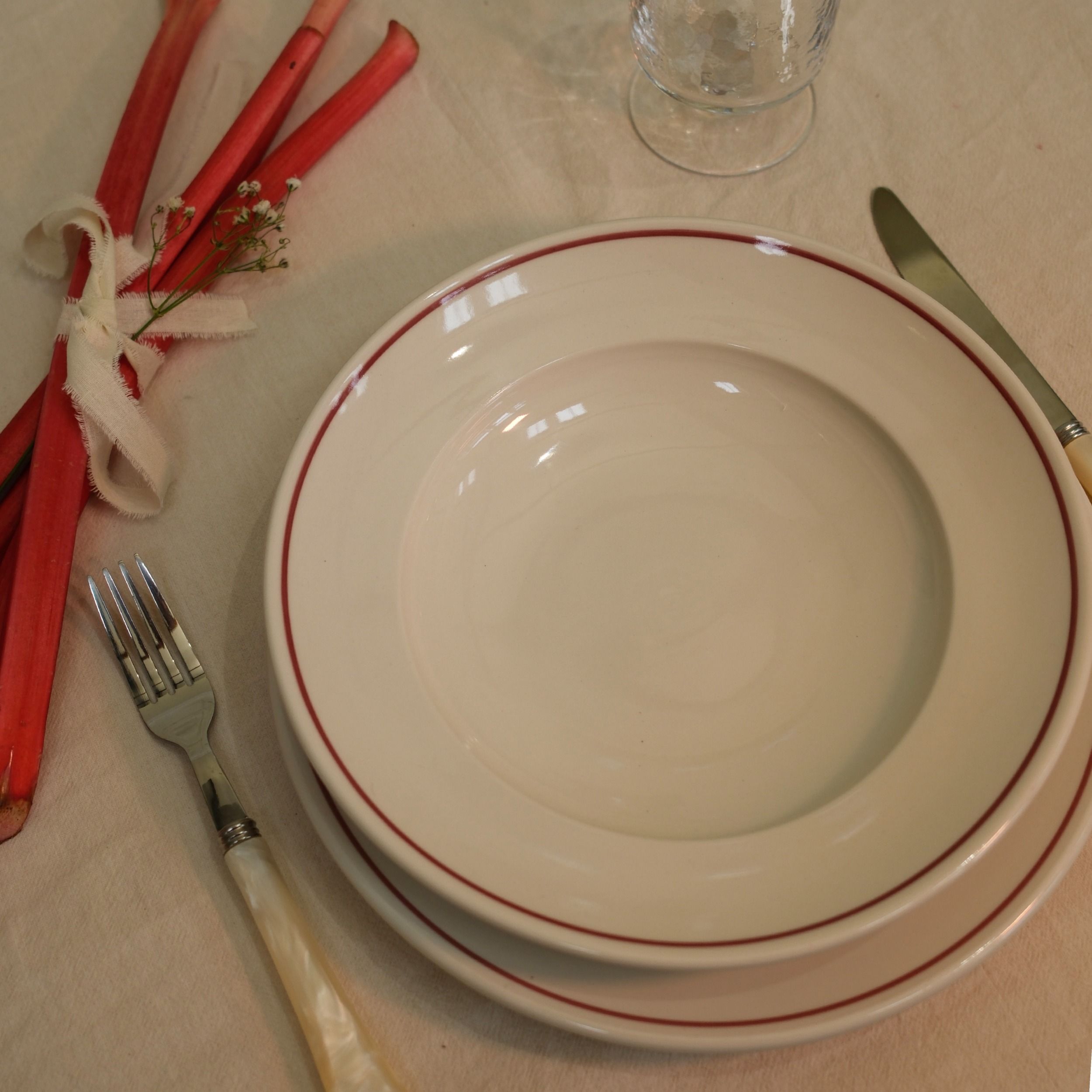 Porcelain Shallow Bowl with a line in rhubarb colour