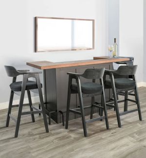Modern bar with stools and a mirror in a light-colored room.