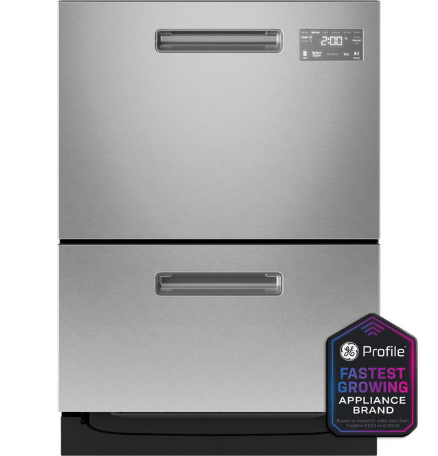 Stainless steel appliance with two drawers and a promotional badge.