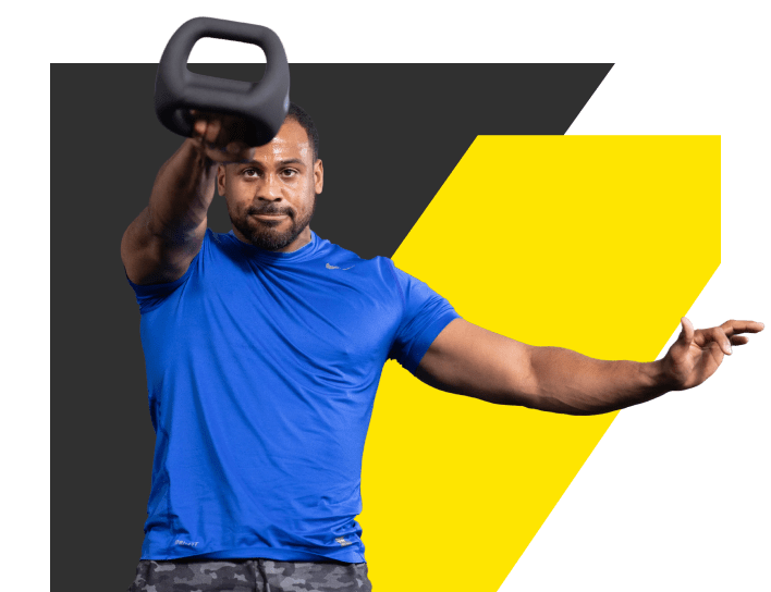 Man exercising with a kettlebell against a colorful background.