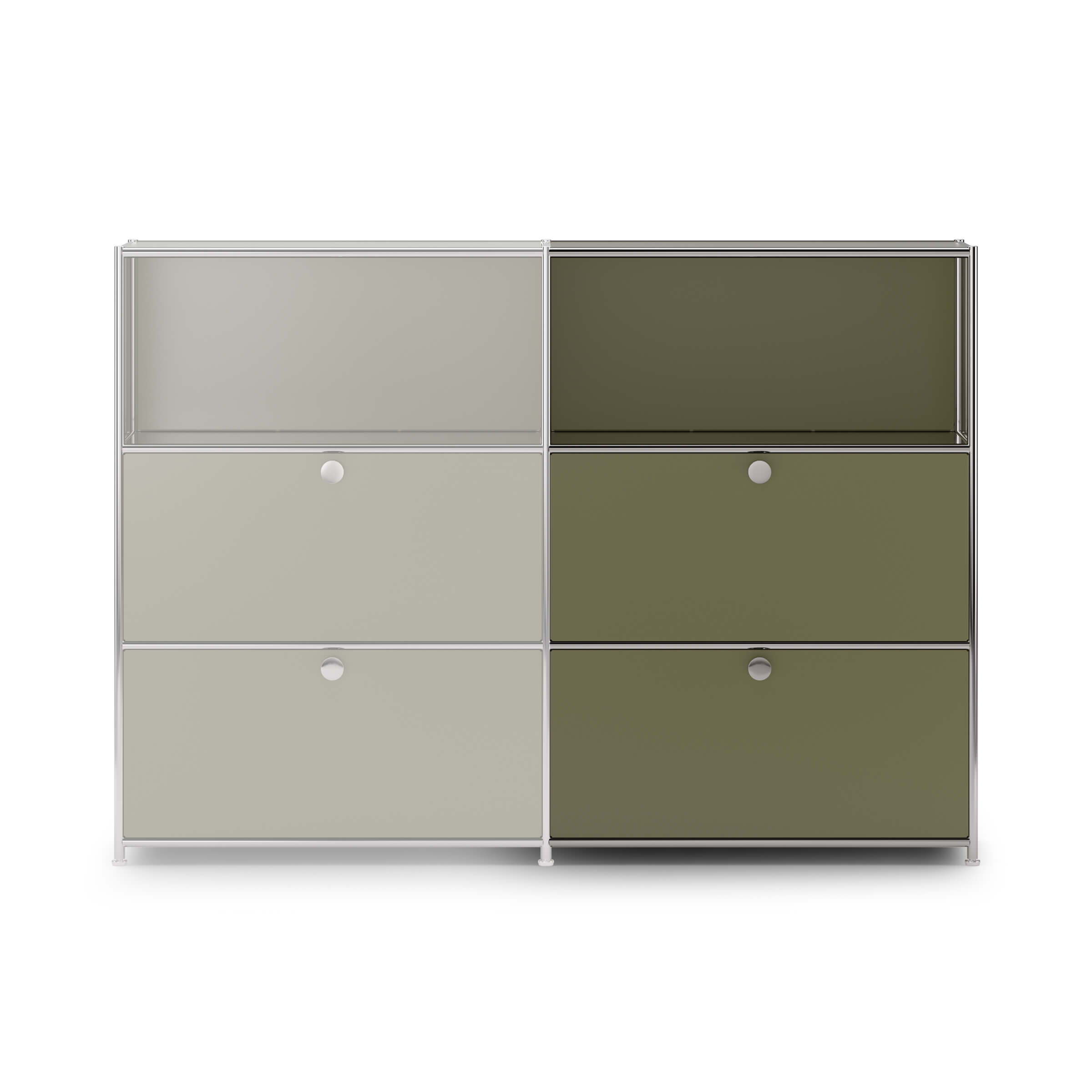 The " Cubox " Expansion Set on an ofinto " Cubox " office shelf in olive green