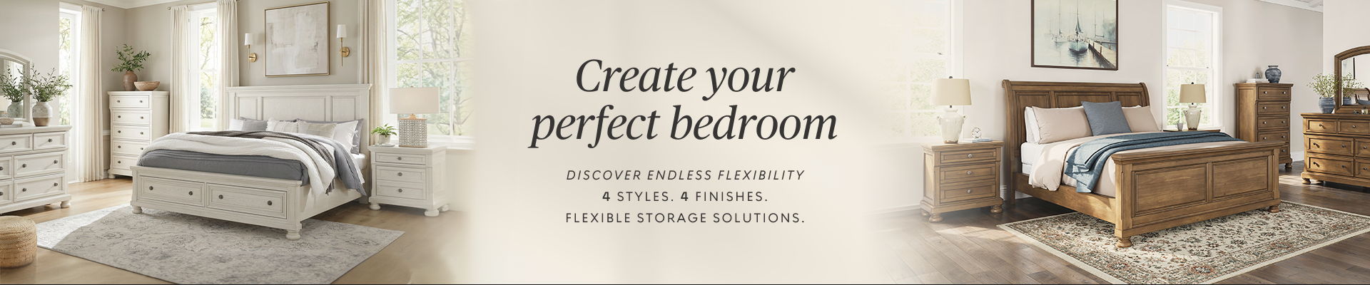 Bedroom furniture display with a slogan to create your perfect bedroom.