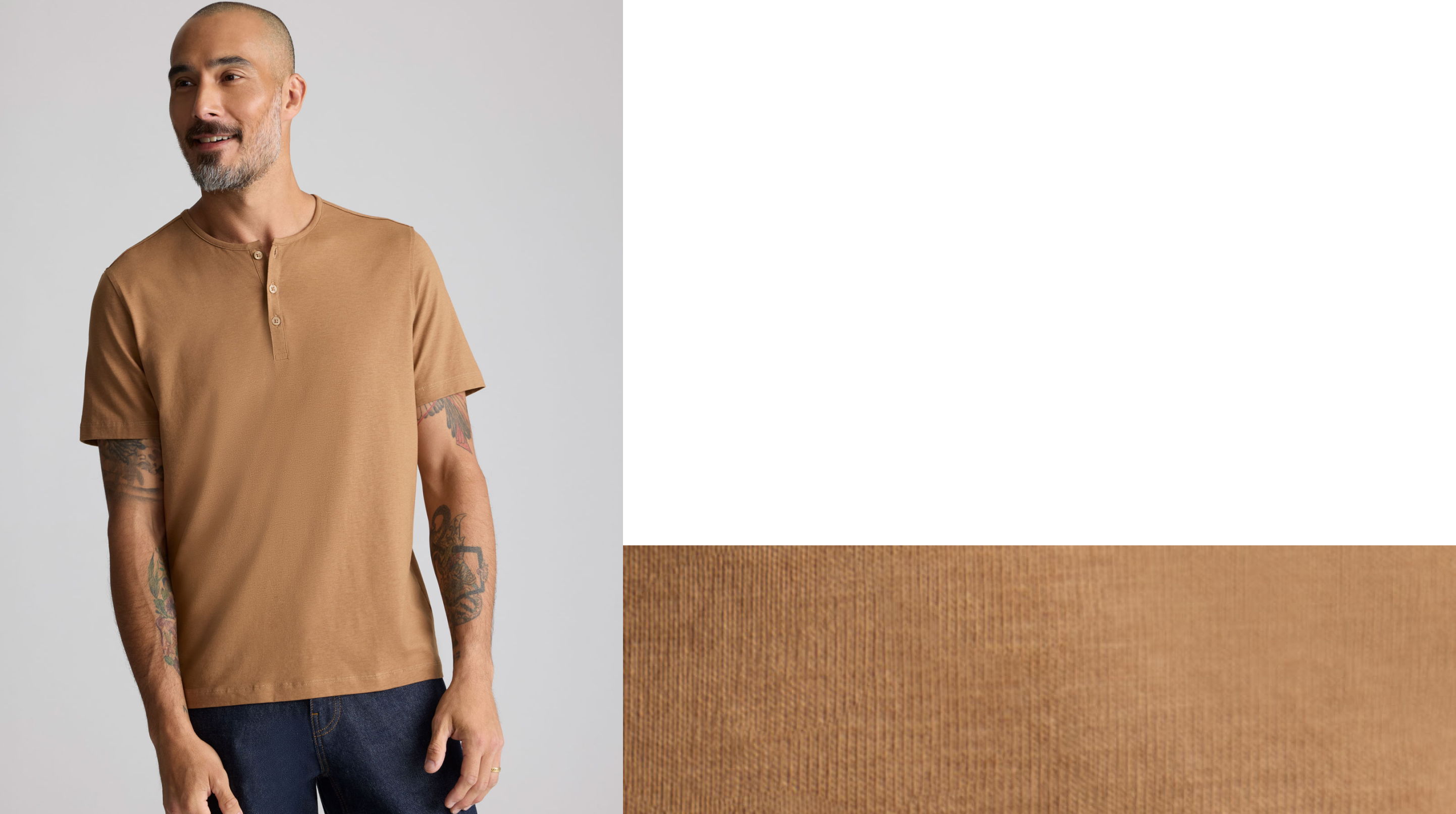 Man wearing a brown henley shirt against a neutral background.