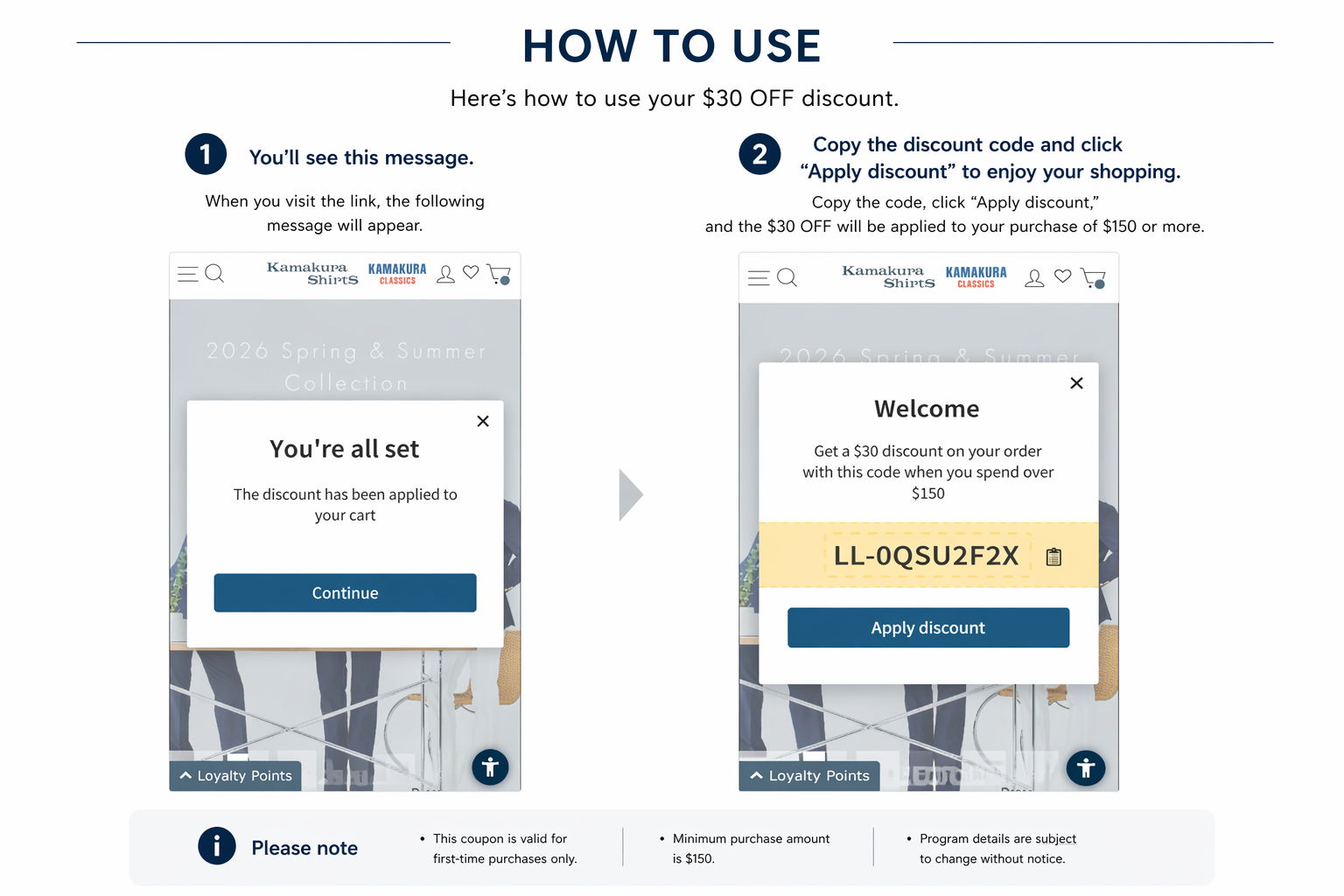 Instructions for using a discount code in an online shopping process.
