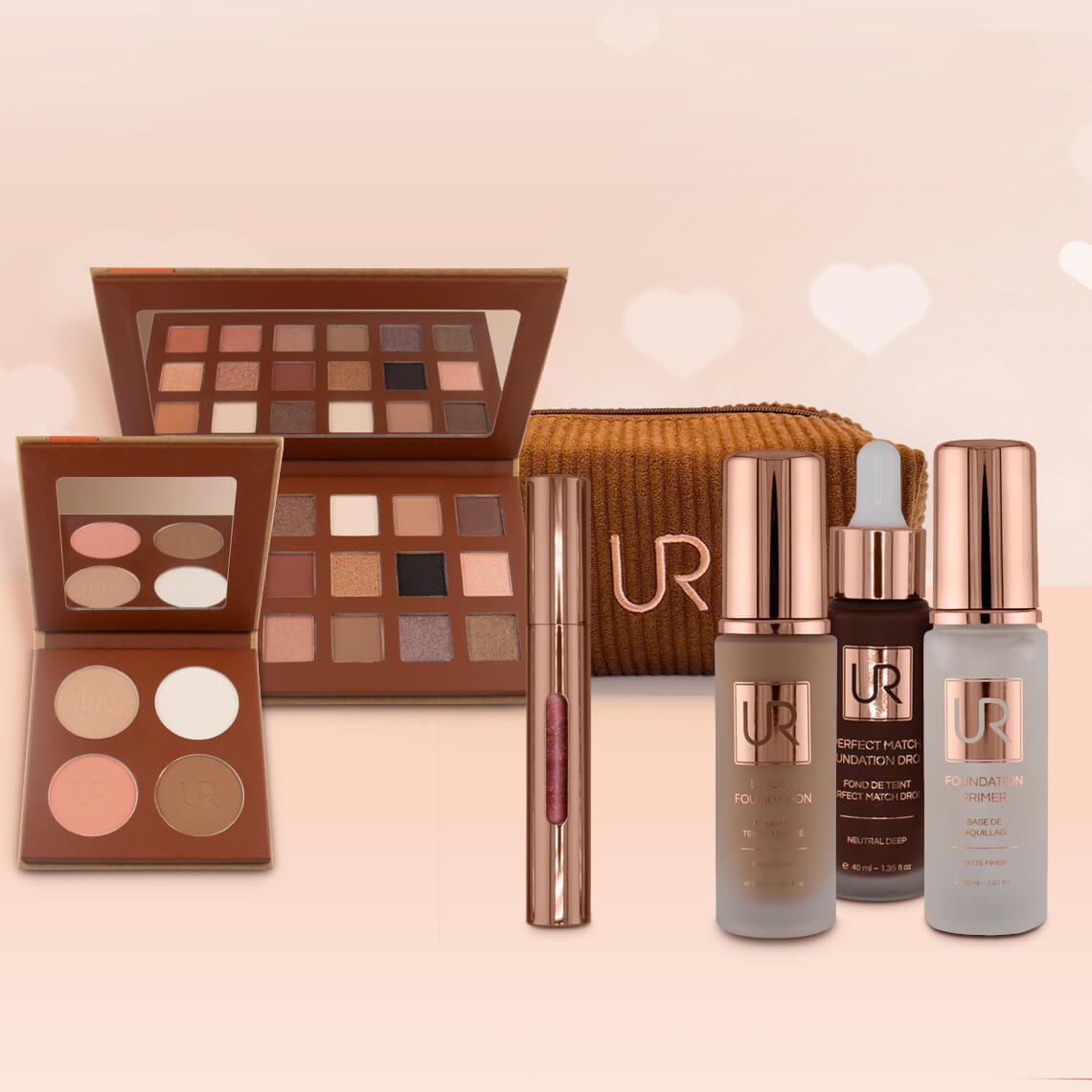 Makeup products including palettes, serums, and lip color in a stylish arrangement.