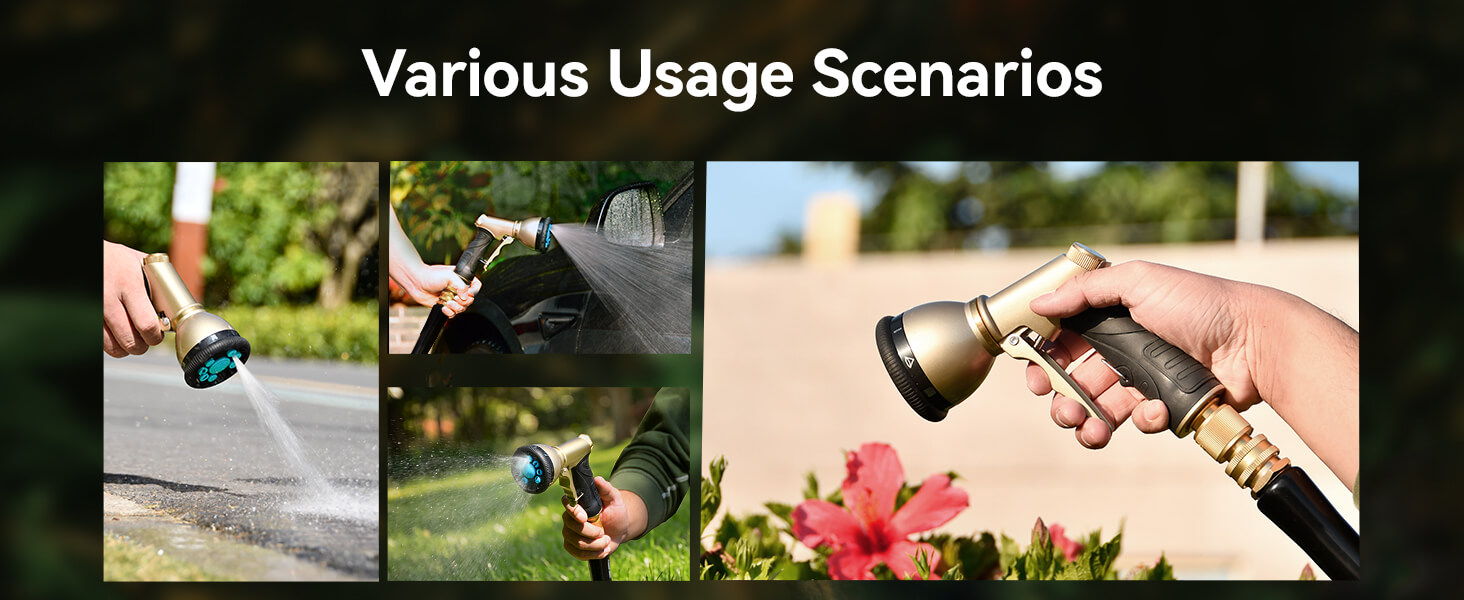 Various scenarios showing the use of a garden hose.