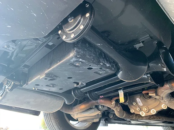 Side profile of 2018 Ford Mustang Ecoboost with Conductor's Special 244 Nightmare Edition train horn kit install HornBlasters gallery photo 2