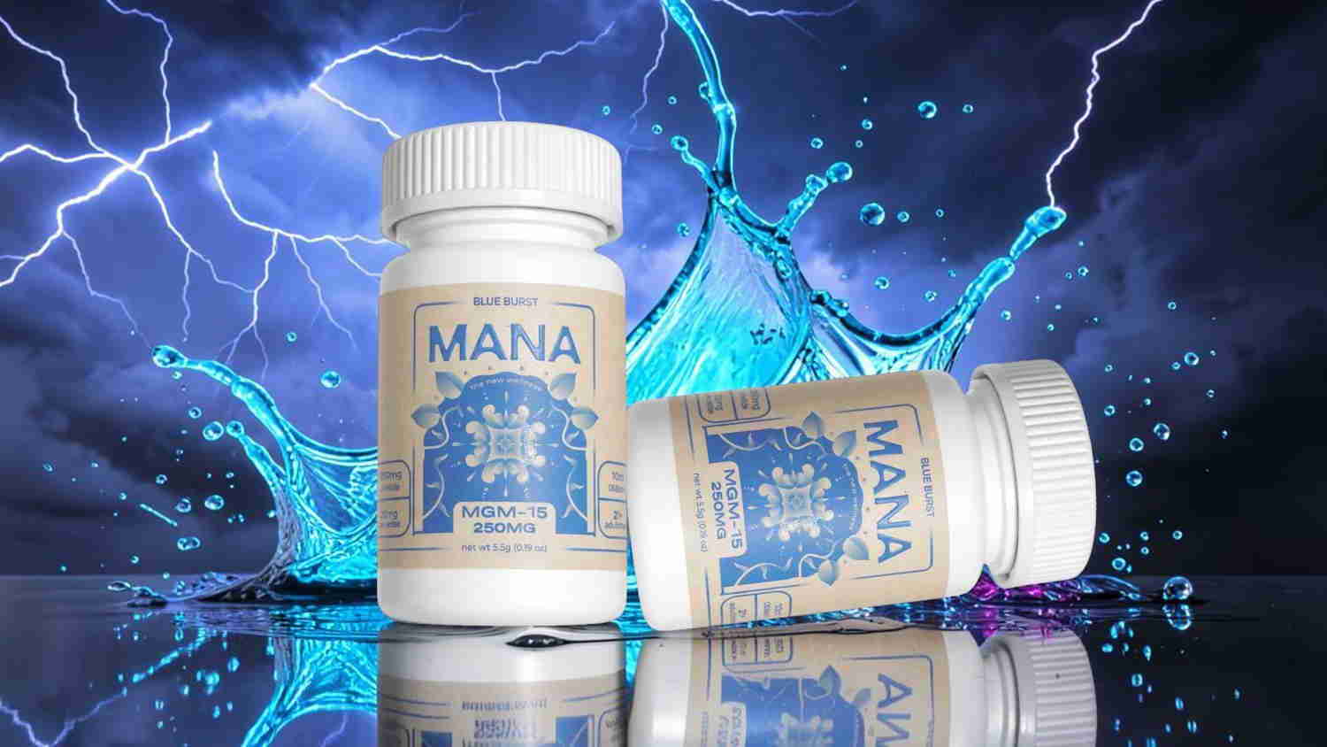 Two bottles of MANIA supplement against a stormy background with splashes of water.